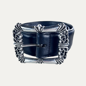Chrome Hearts Filigree OTJ Belt Sterling Silver Buckle Black Leather