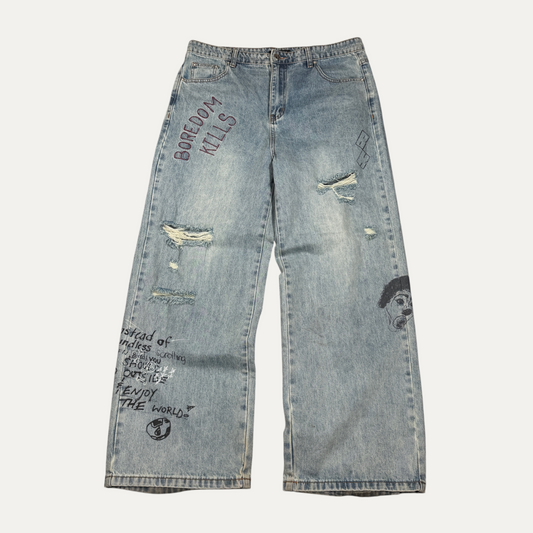 Boredom Kills Distressed Sketch Denim Jeans