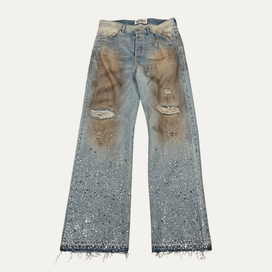 Satoshi Nakamoto Rhinestones Bottom Half Mud Wash Blue Shattered Glass Jeans