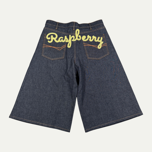 Raspberry Denim Yellow Spellout Shorts