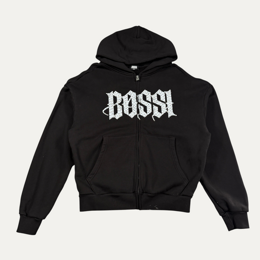 Bossi Rhinestone Flame Logo Zip-Up Hoodie