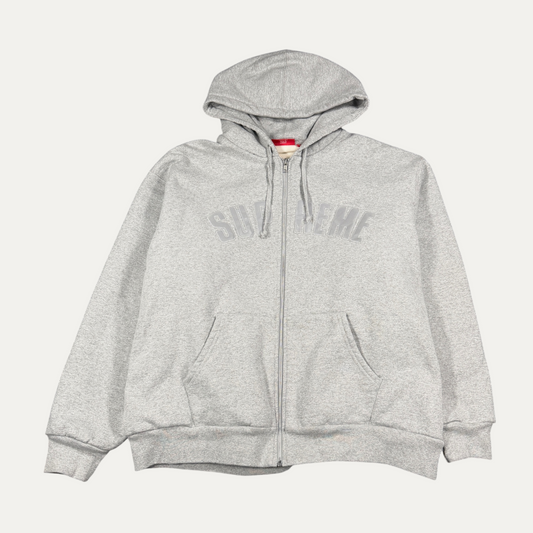 Supreme Grey Reflective Spellout Zip Up Hoodie