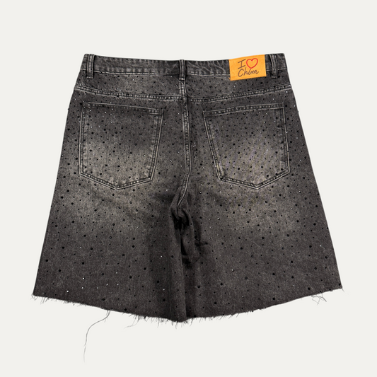 HMDD Shorts Black Rhinestones On Black Denim