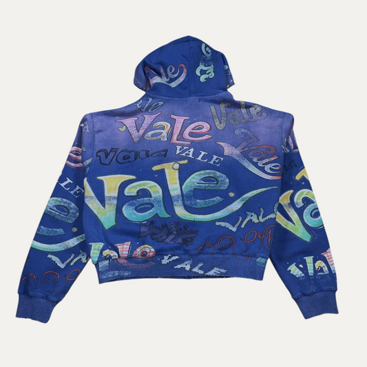 Vale Hoodie Zip-Up AOP Font Sketch Graphics Yellow/Pink Studs Washed Blue