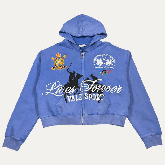 Vale Hoodie Zip Up Rugby Embroidered Graphic Washed Blue