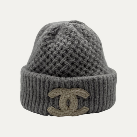 Chanel Grey Cashmere Double C Beanie